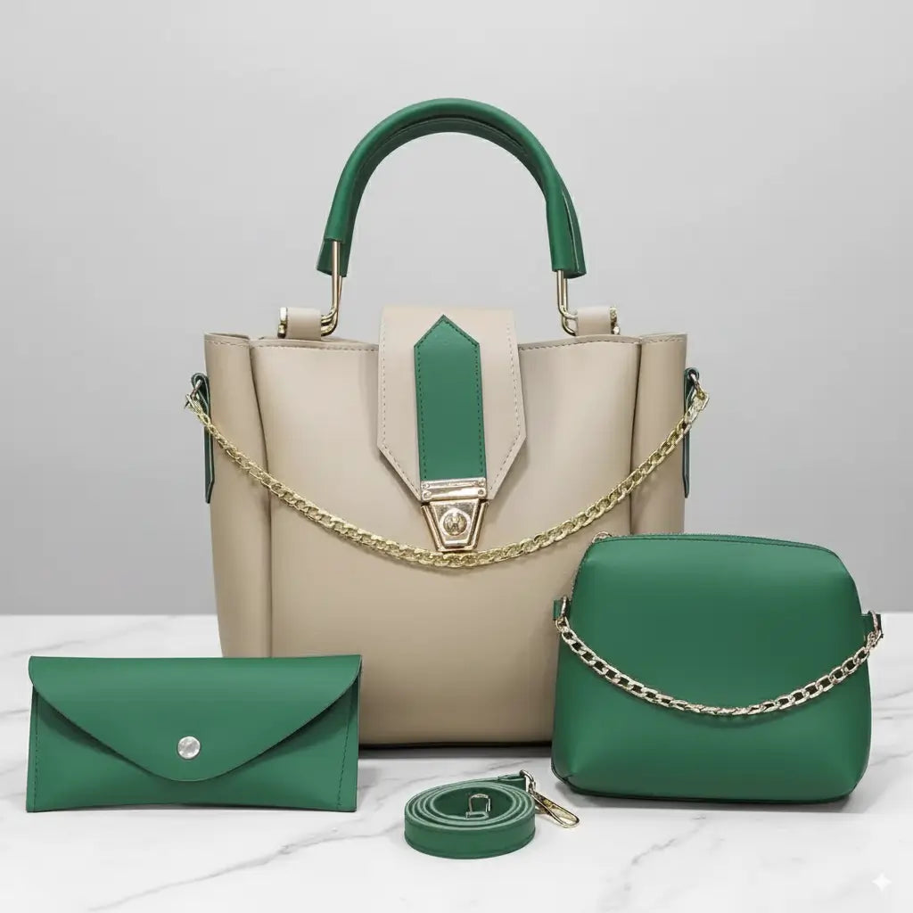 Aura 3PCS Fone Green – fashionable fancy handbag and shoulder bag set for women in Pakistan