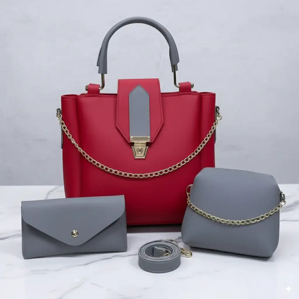 Aura 3PCS Red Grey – luxury fancy handbag and shoulder bag set for women in Pakistan