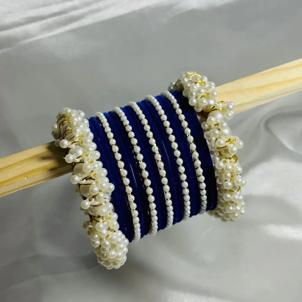Blue stylish pearl velvet bangles set for girls in Pakistan