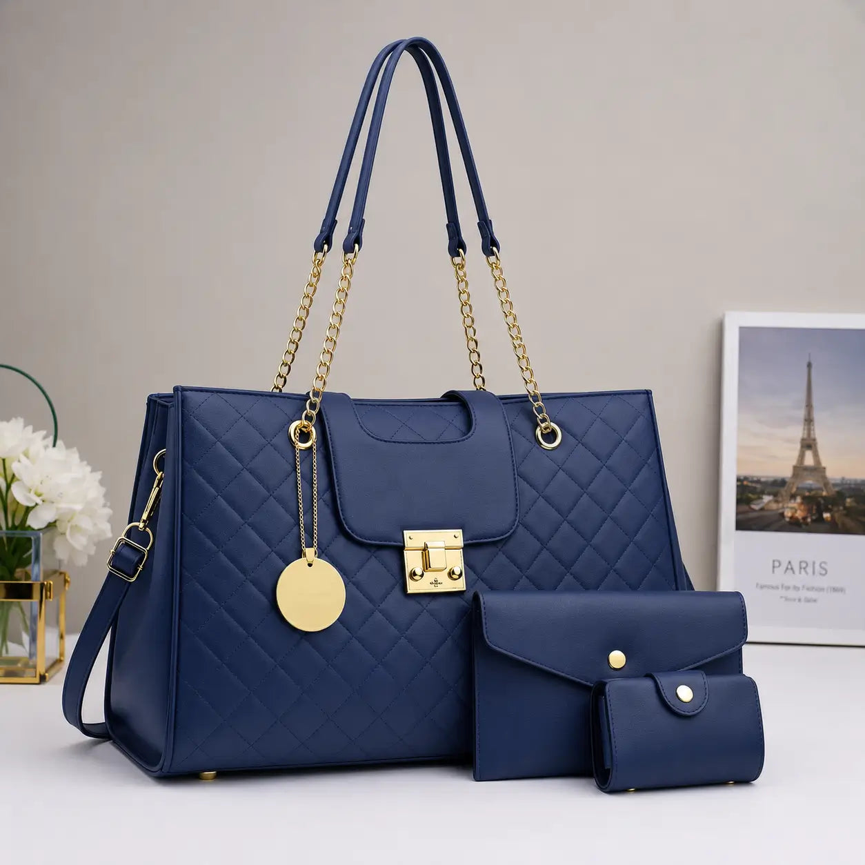 Grace blue 3pcs handbag set with gold chain handles