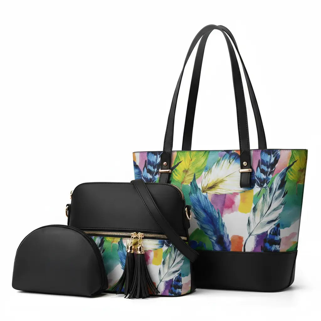Bnova green feather bloom 3pcs handbag set stylish design