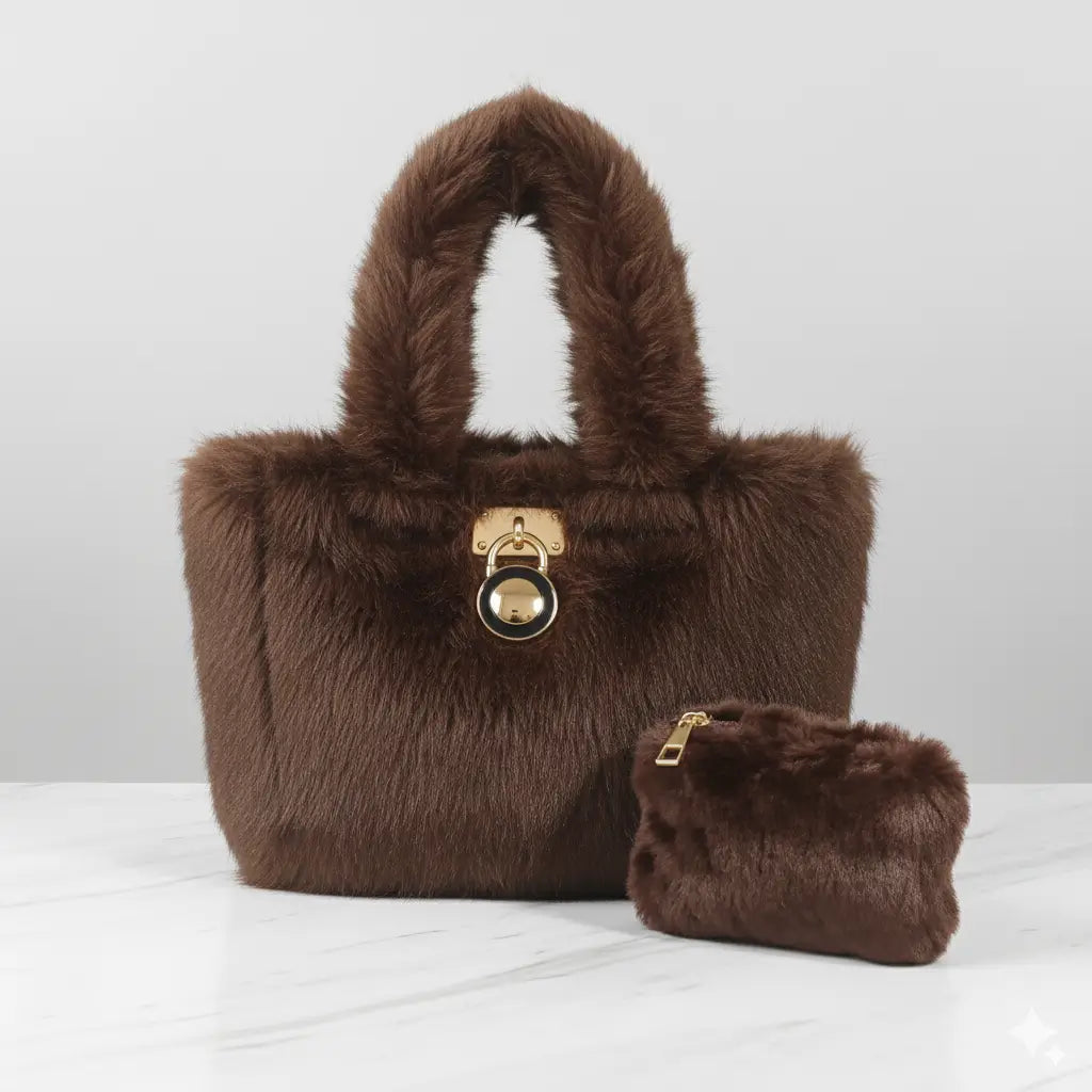 Furria 2PCS Brown – elegant faux fur pouch and handbag set for women in Pakistan