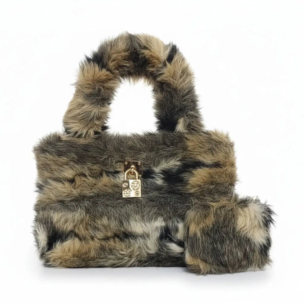 Furria 2PCS Coffee Brown – chic faux fur pouch and handbag set for women in Pakistan