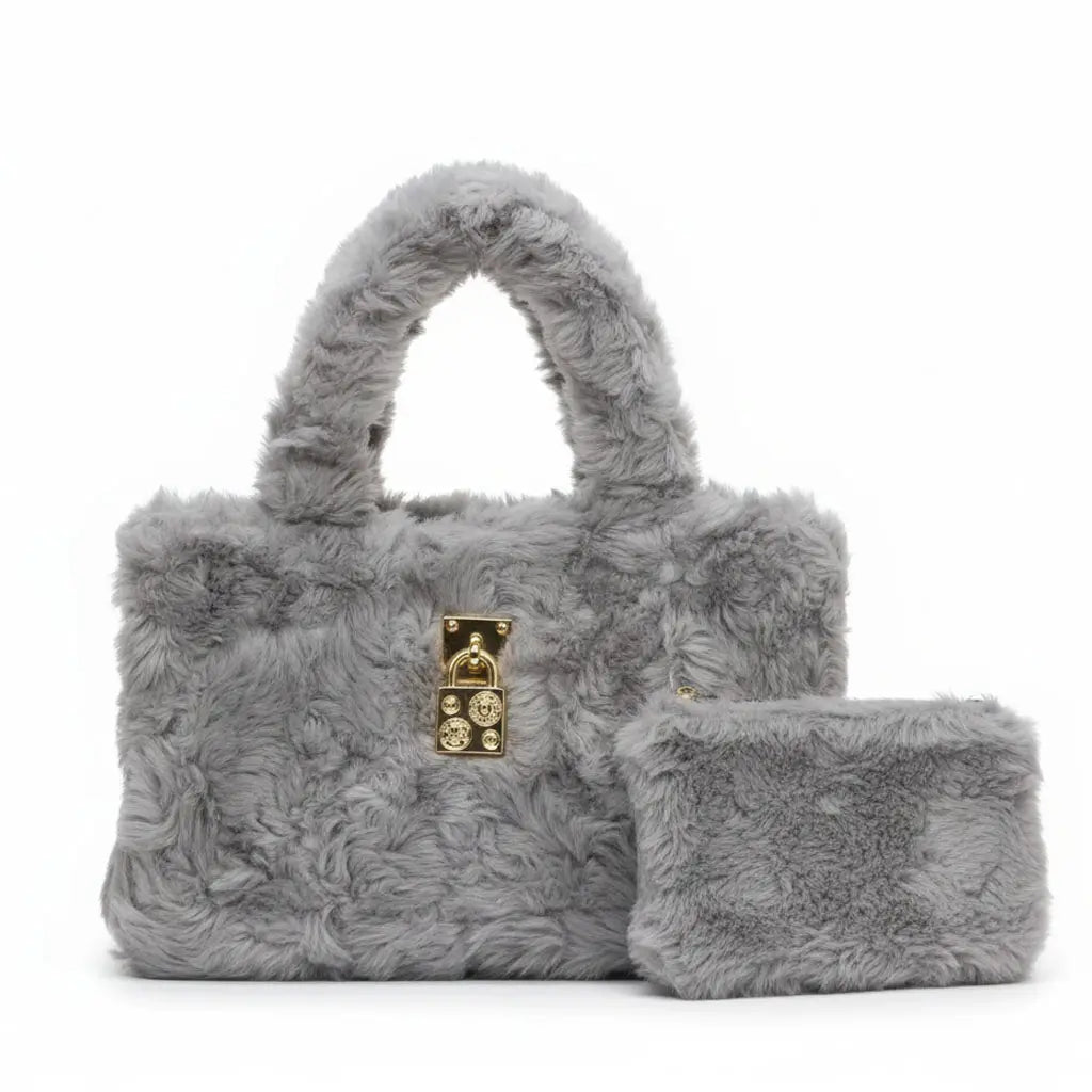 Furria 2PCS Grey – sophisticated faux fur pouch and handbag set for women in Pakistan