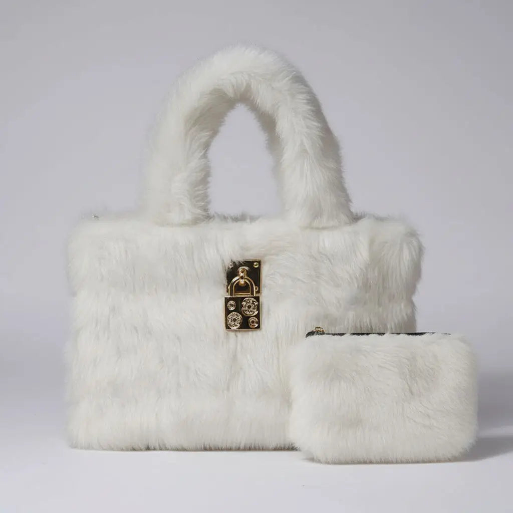 Furria 2PCS White – elegant faux fur pouch and handbag set for women in Pakistan