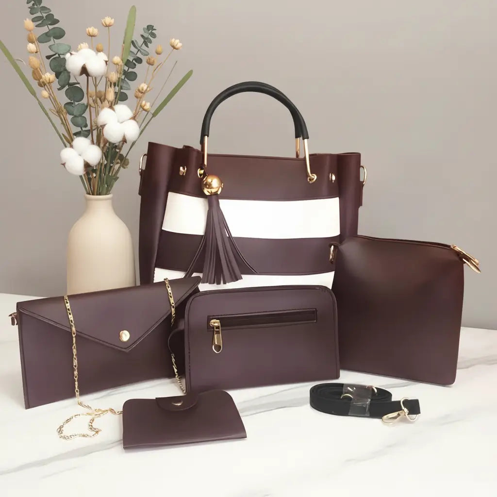 Fusion 5PCS Brown – classic and spacious handbag and shoulder bag set for women in Pakistan
