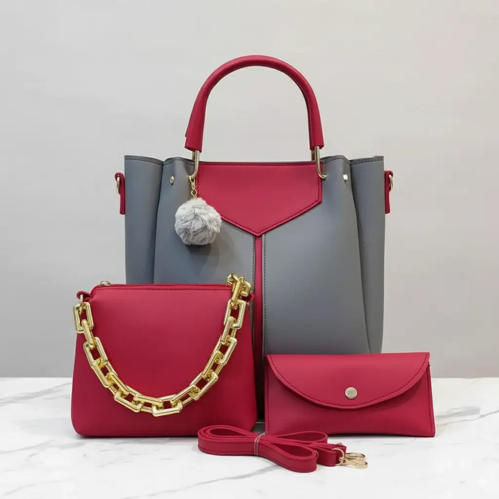 Glint 3PCS Grey Red – stylish handbag and shoulder bag set for girls in Pakistan