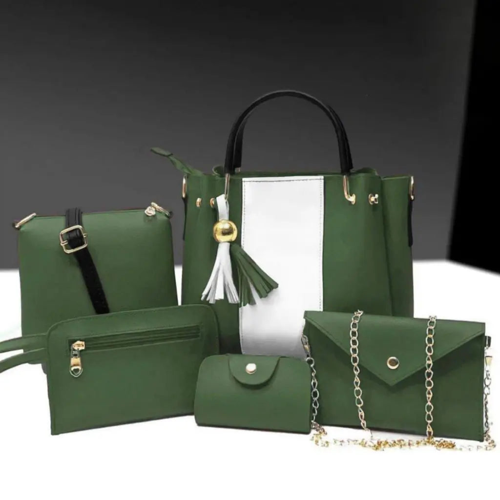 Jimmy 5PCS Green White – trendy handbag and shoulder bag set for women in Pakistan