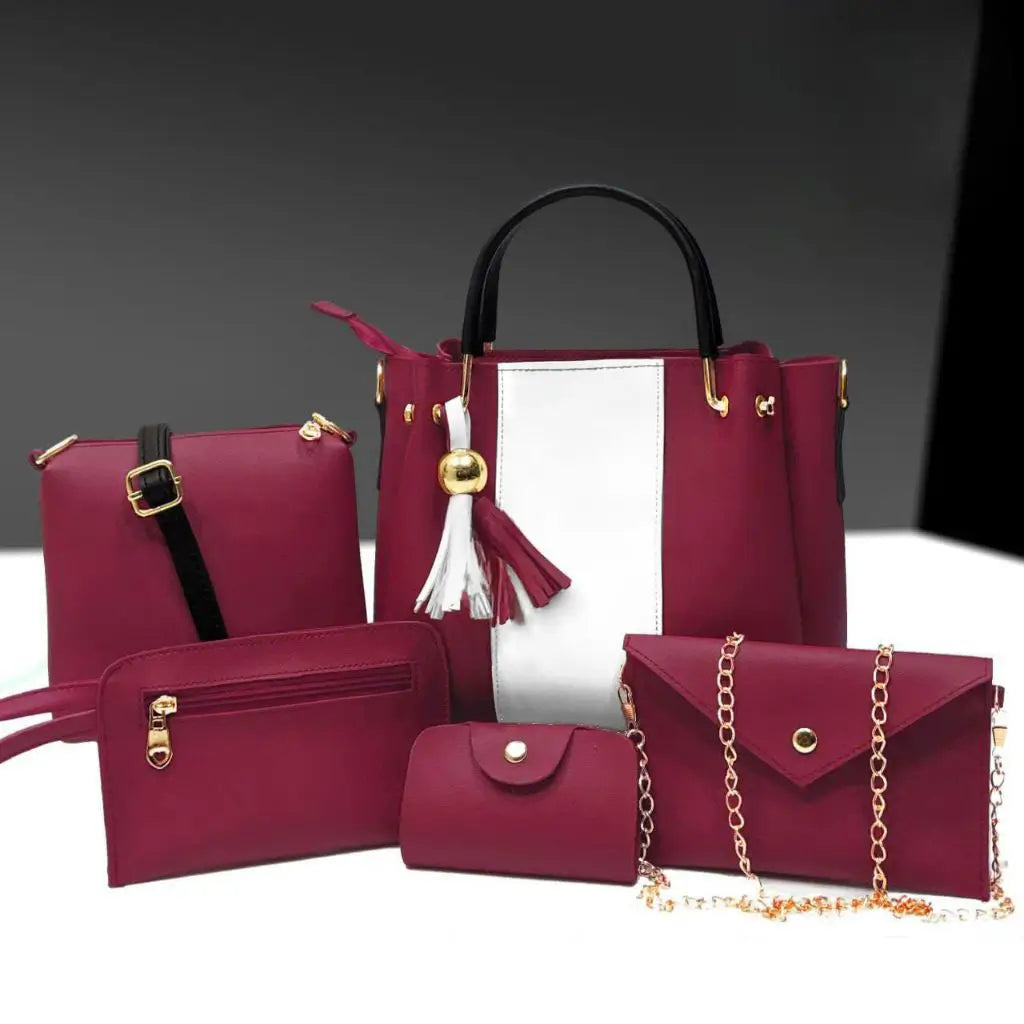 Jimmy 5PCS Maroon White – stylish handbag and shoulder bag set for women in Pakistan