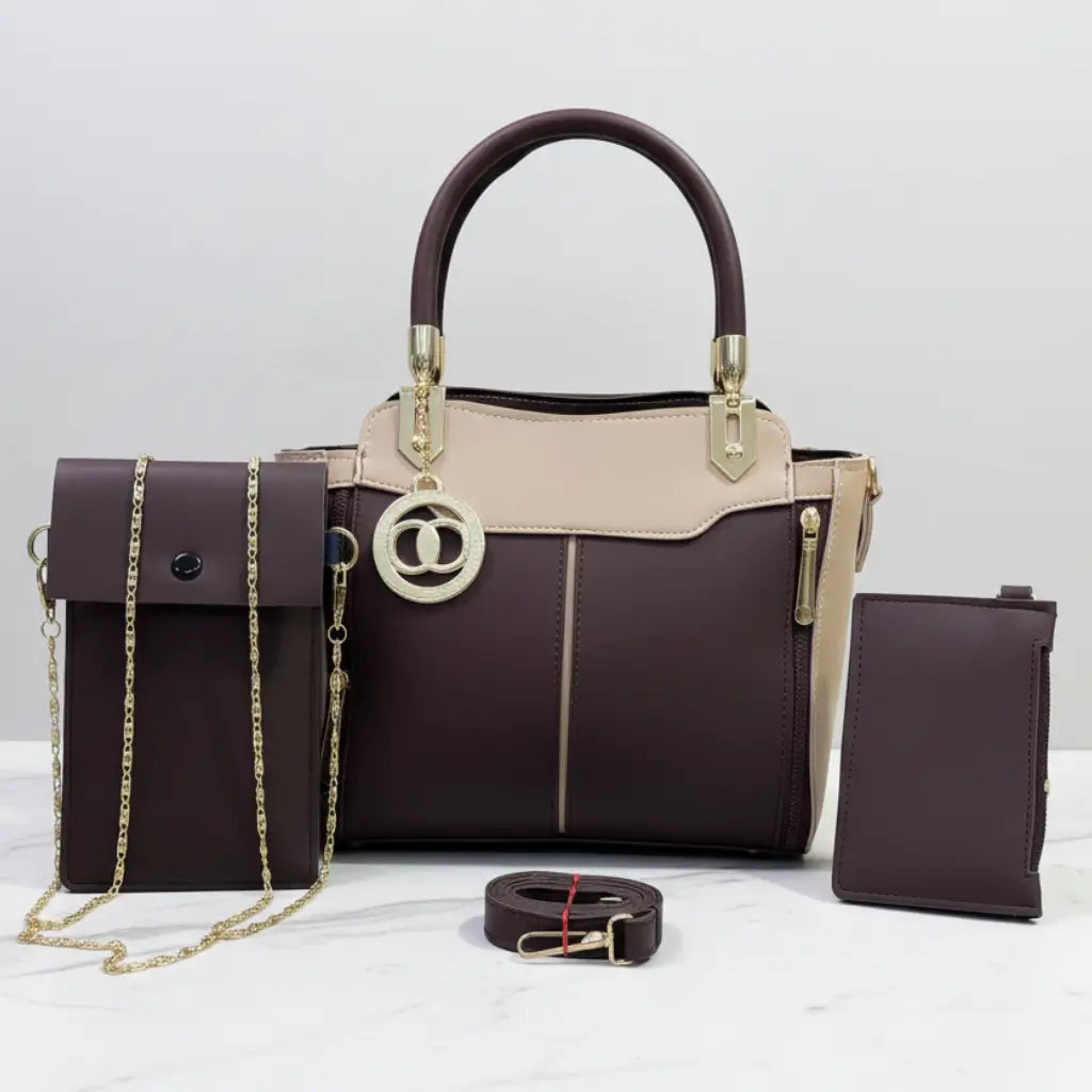 Liva 3PCS Brown Fone – stylish multi-compartment handbag and shoulder bag set for girls in Pakistan