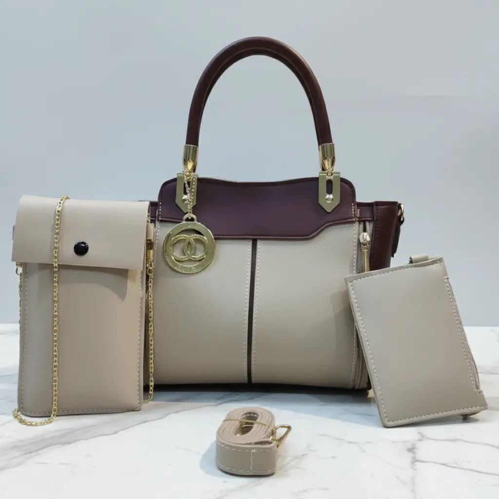 Liva 3PCS Fone Brown – trendy multi-compartment handbag and shoulder bag set for girls in Pakistan