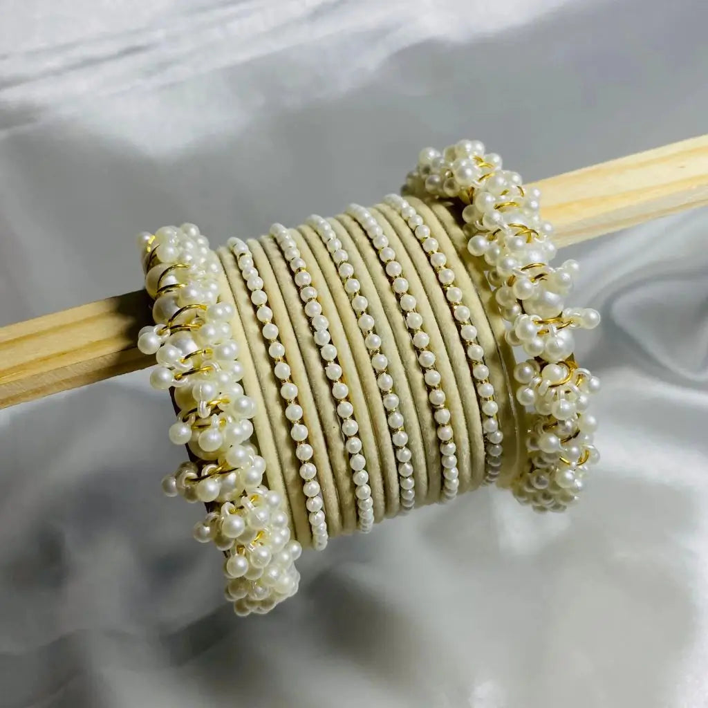 Off white stylish pearl velvet bangles set for girls in Pakistan