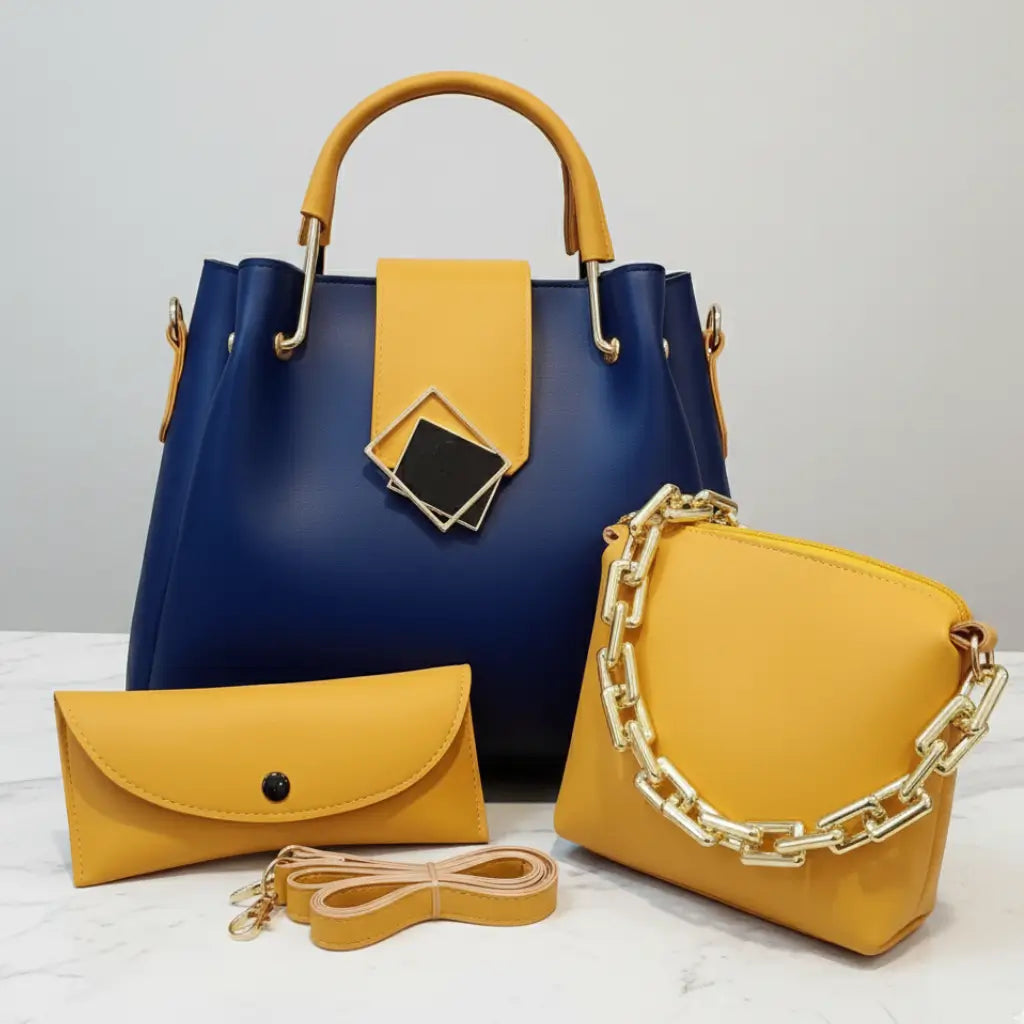 Trielle 3PCS Blue Yellow – vibrant handbag and shoulder bag set for girls in Pakistan
