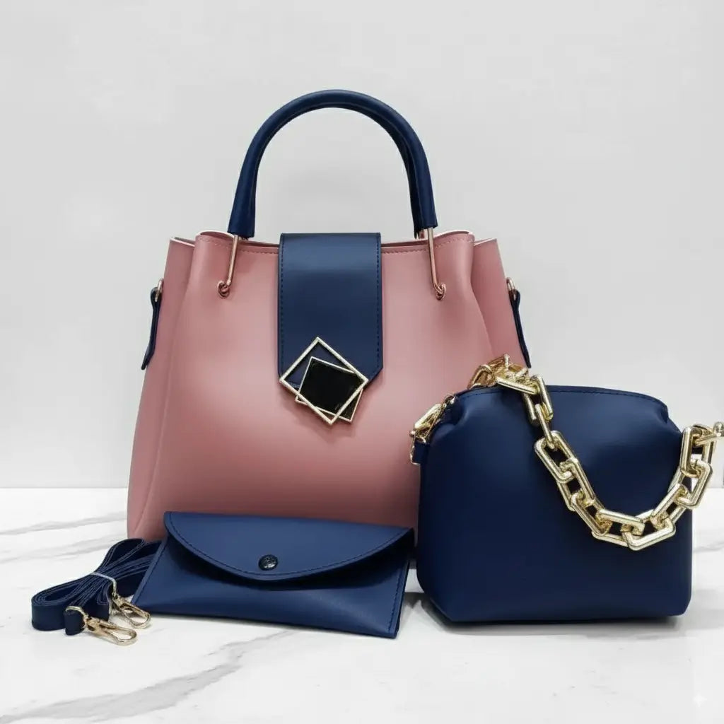 Trielle 3PCS Pink Blue – chic handbag and shoulder bag set for girls in Pakistan
