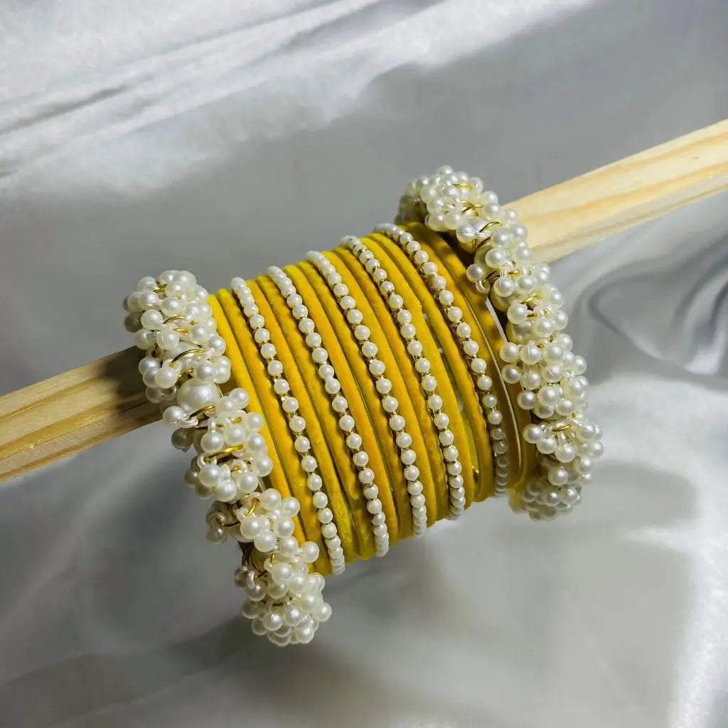Yellow stylish pearl velvet bangles set for girls in Pakistan