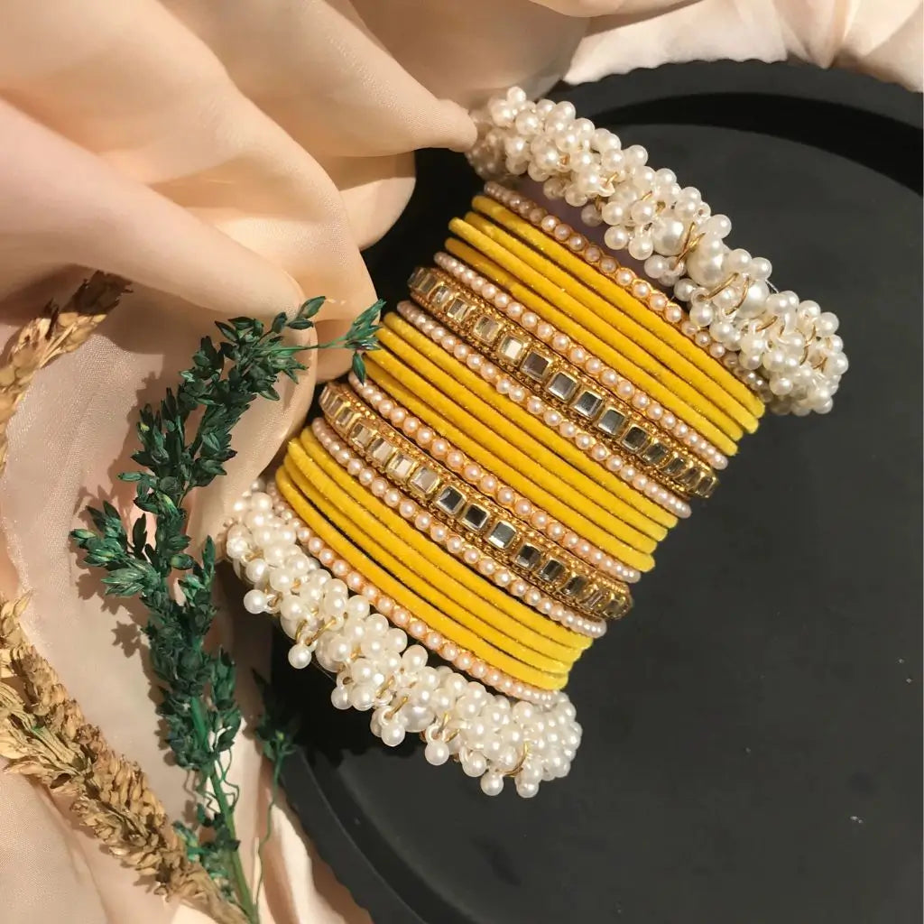 yellow velvet bangles set for girls in Pakistan