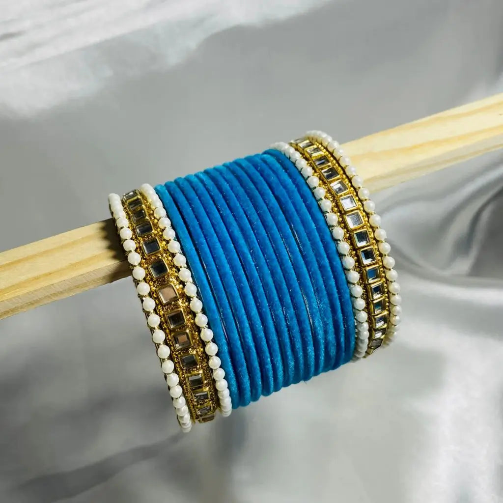 Sea blue velvet bangles set for girls in Pakistan