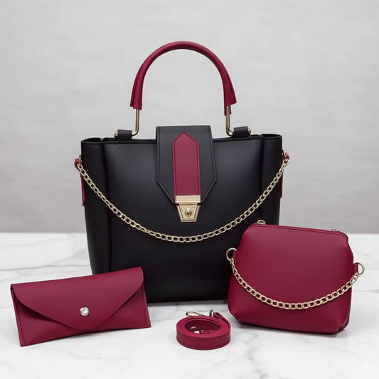 Aura 3PCS Black Maroon – fancy and elegant handbag and shoulder bag set for women in Pakistan