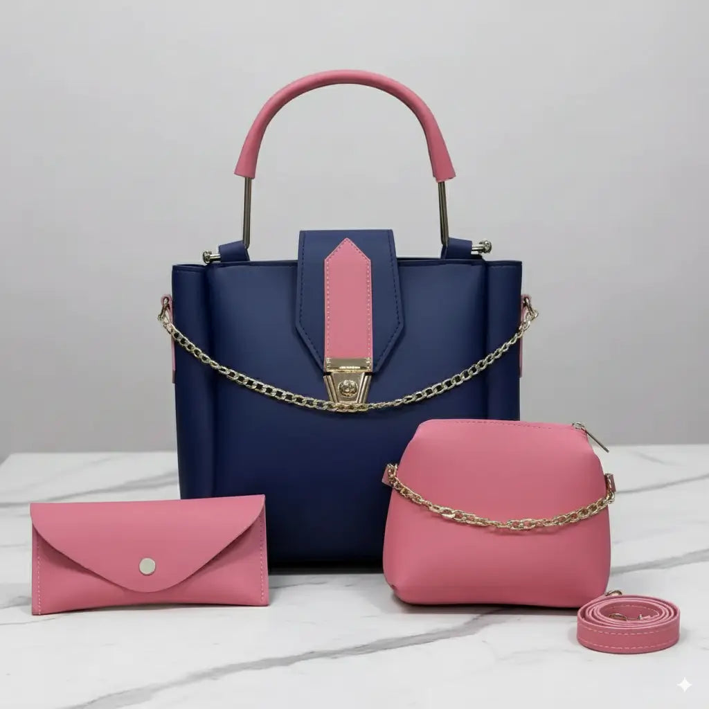 Aura 3PCS Blue Pink – stylish and fancy handbag and shoulder bag set for women in Pakistan