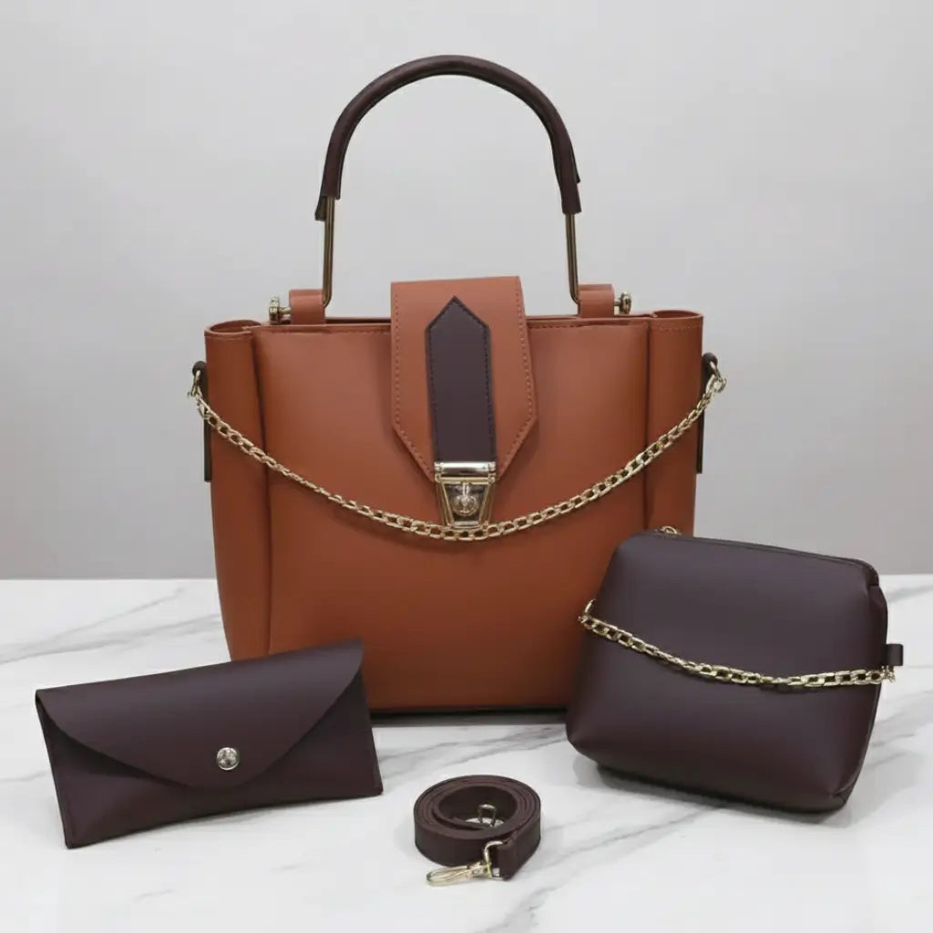 Aura 3PCS Brown Coffee – premium fancy handbag and shoulder bag set for women in Pakistan