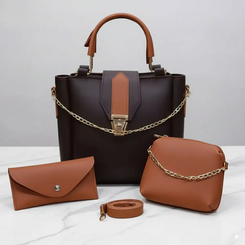 Aura 3PCS Coffee Brown – elegant and fancy handbag and shoulder bag set for women in Pakistan