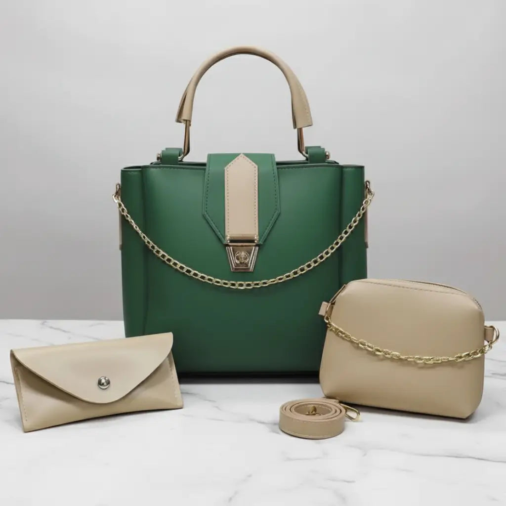 Aura 3PCS Green Fone – stylish fancy handbag and shoulder bag set for women in Pakistan