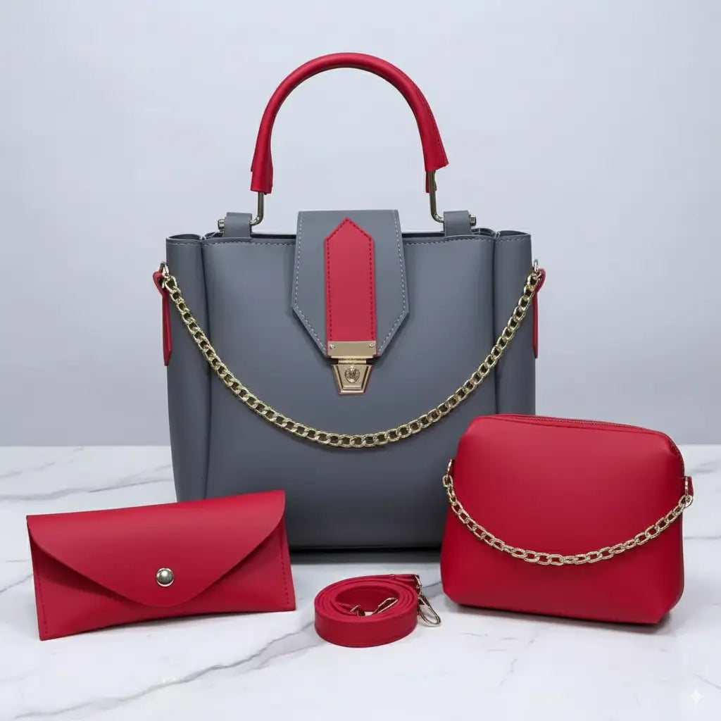 Aura 3PCS Grey Red – fancy and trendy handbag and shoulder bag set for women in Pakistan