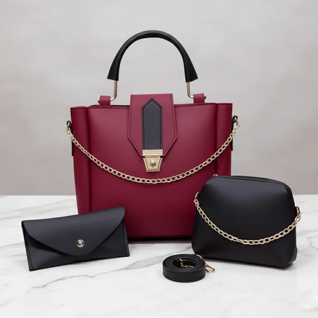 Aura 3PCS Maroon Black – chic and fancy handbag and shoulder bag set for women in Pakistan