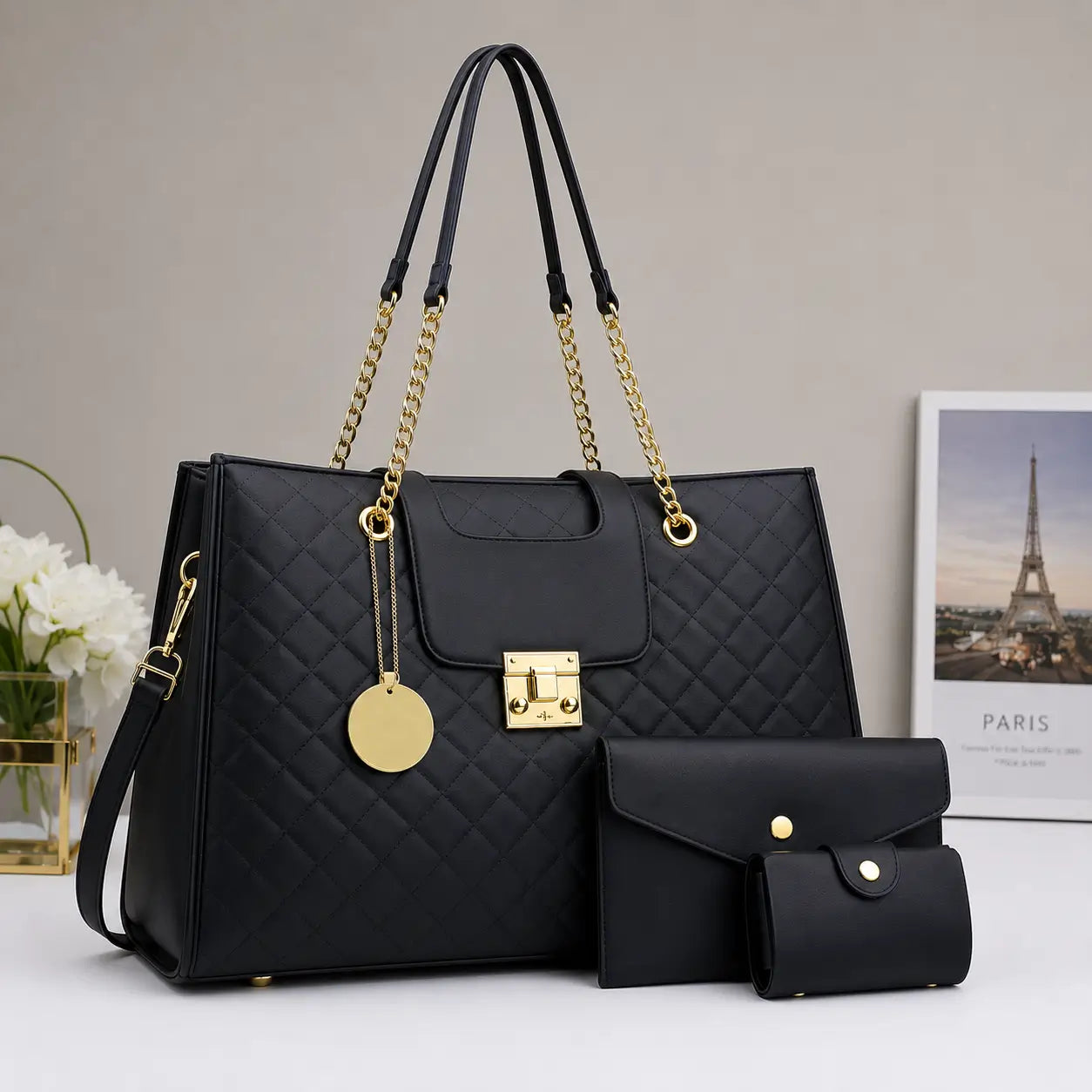 Grace black 3pcs handbag set for women in Pakistan