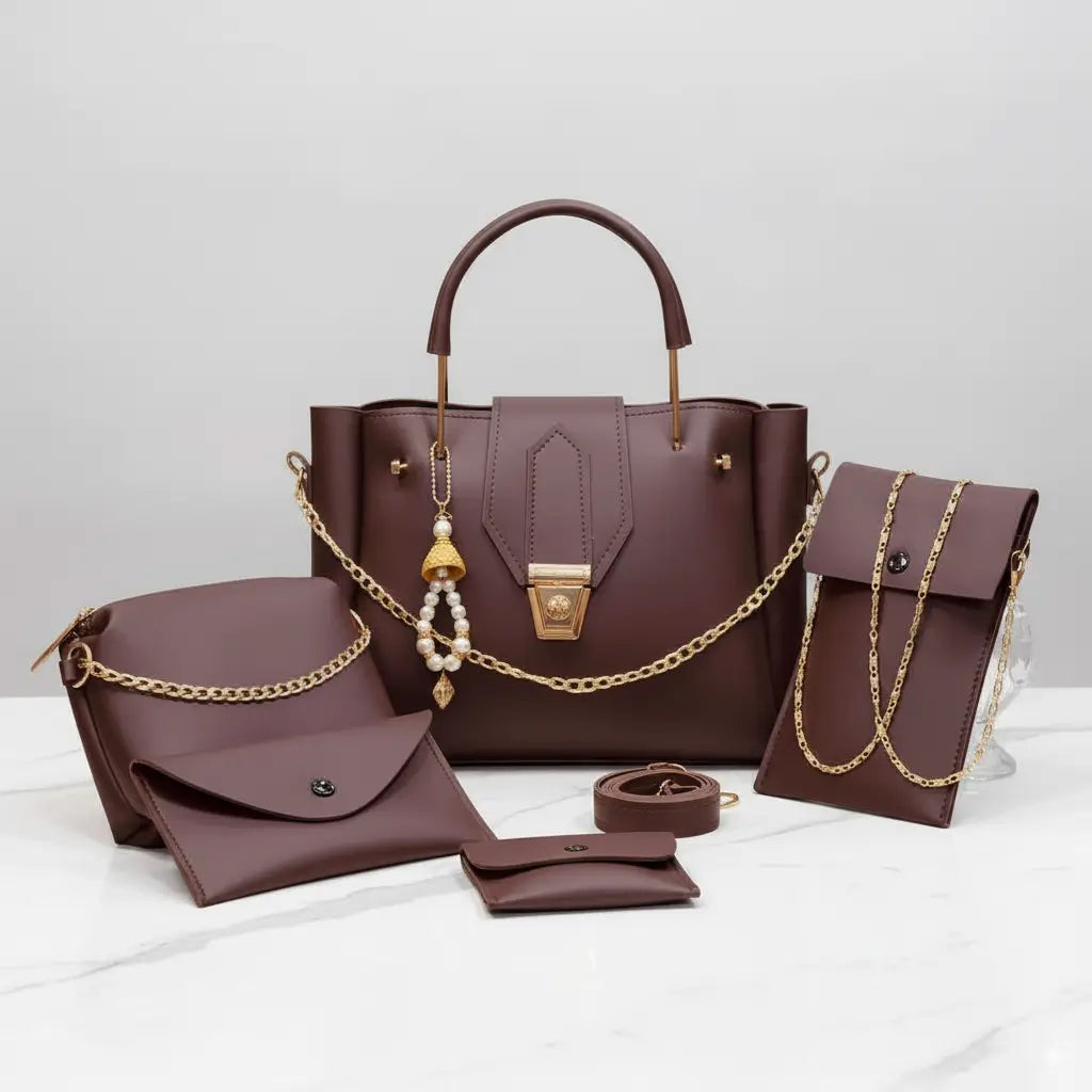 Blush 5PCS Brown – classic and spacious handbag and shoulder bag set for women in Pakistan