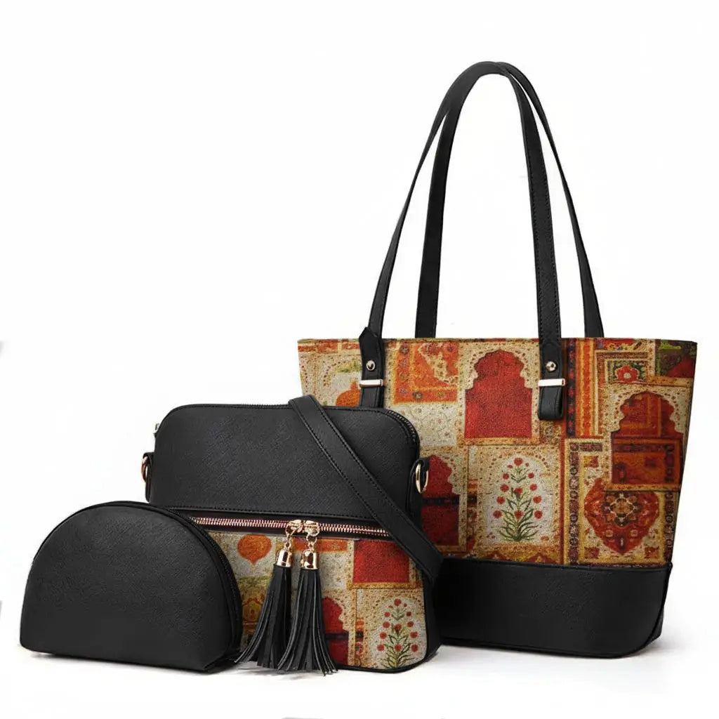 Bnova mustard heritage craft 3pcs handbag set stylish design