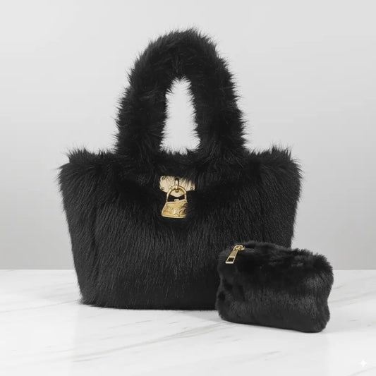 Furria 2PCS Black – stylish faux fur pouch and handbag set for women in Pakistan