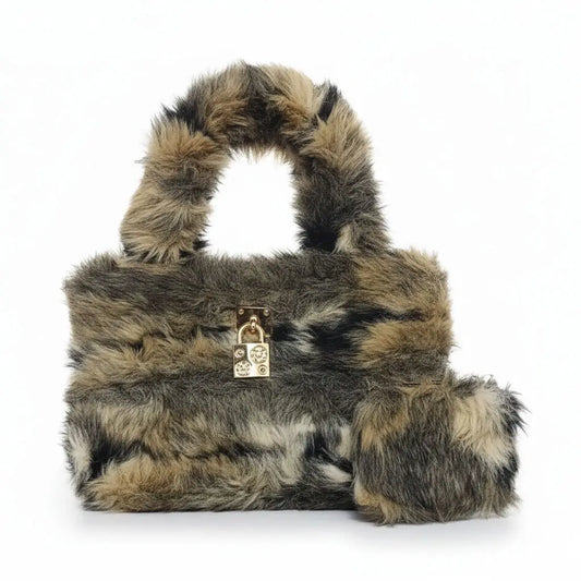 Furria 2PCS Coffee Brown – chic faux fur pouch and handbag set for women in Pakistan