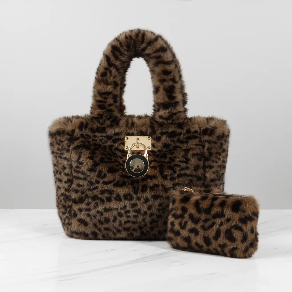 Furria 2PCS Coffee Kitty – trendy faux fur pouch and handbag set for women in Pakistan