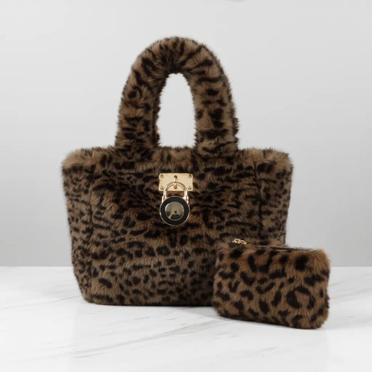 Furria 2PCS Coffee Kitty – trendy faux fur pouch and handbag set for women in Pakistan