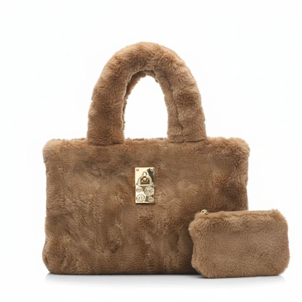 Furria 2PCS Golden – luxurious faux fur pouch and handbag set for women in Pakistan