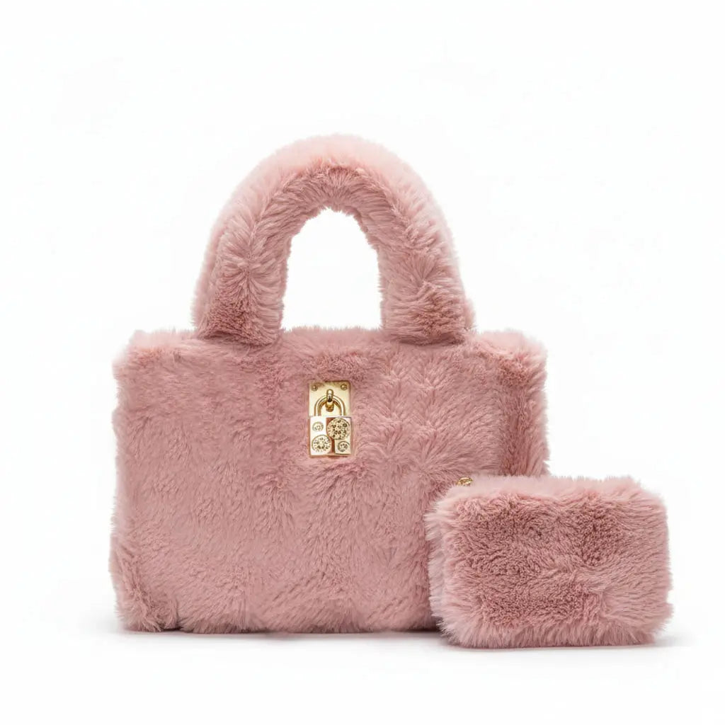 Furria 2PCS Pink – vibrant faux fur pouch and handbag set for women in Pakistan