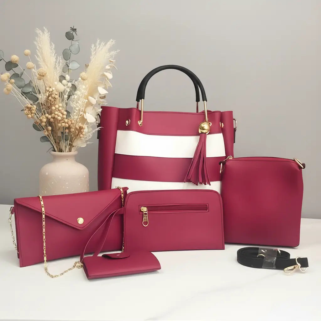 Fusion 5PCS Maroon – elegant and roomy handbag and shoulder bag set for women in Pakistan