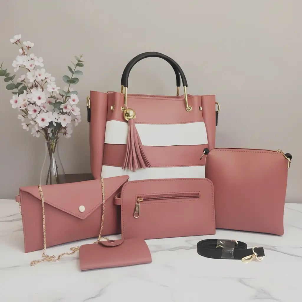 Fusion 5PCS Pink – chic and elegant handbag and shoulder bag set for women in Pakistan