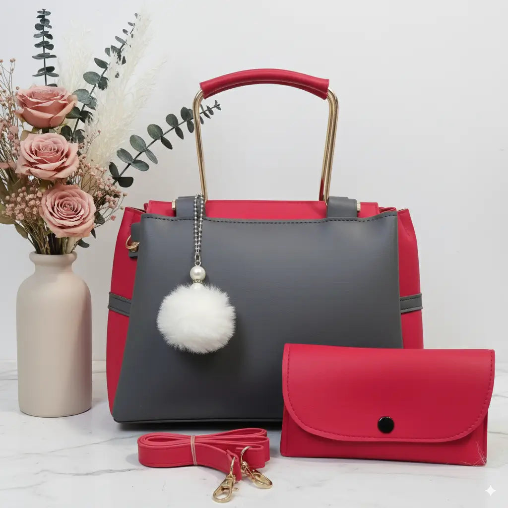 Glide 2PCS Grey Red – modern handbag and shoulder bag set for girls in Pakistan