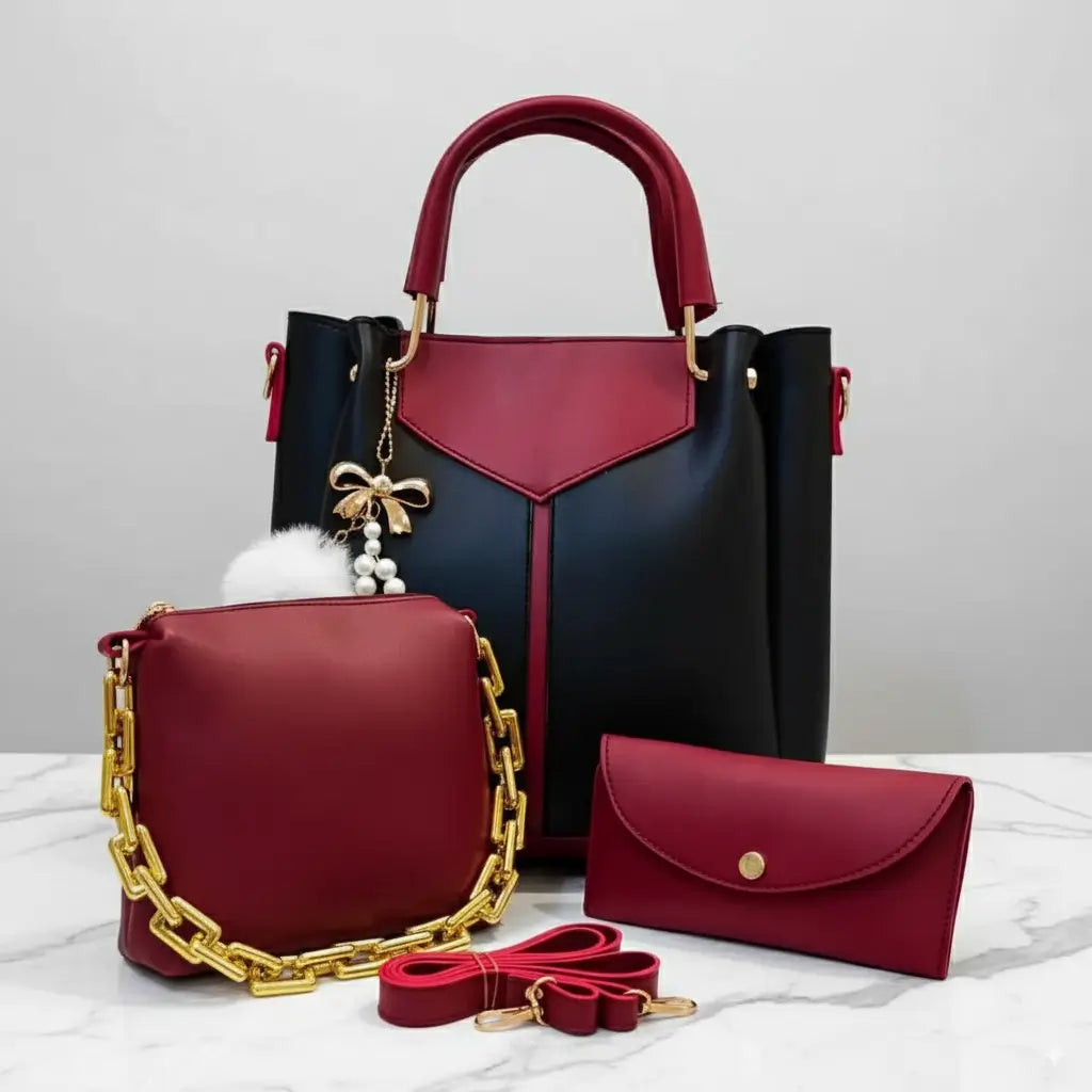 Glint 3PCS Black Maroon – elegant handbag and shoulder bag set for girls in Pakistan