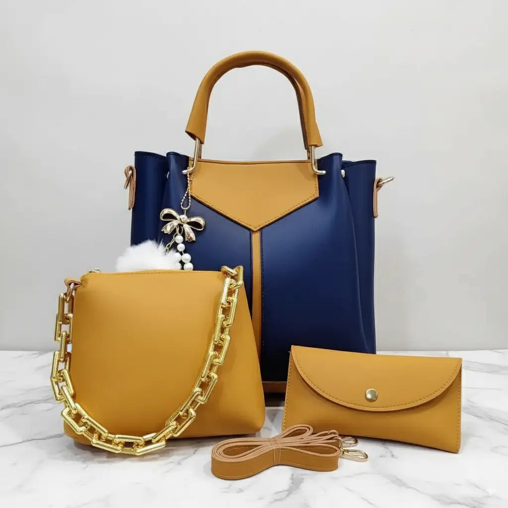 Glint 3PCS Blue Yellow – vibrant handbag and shoulder bag set for girls in Pakistan