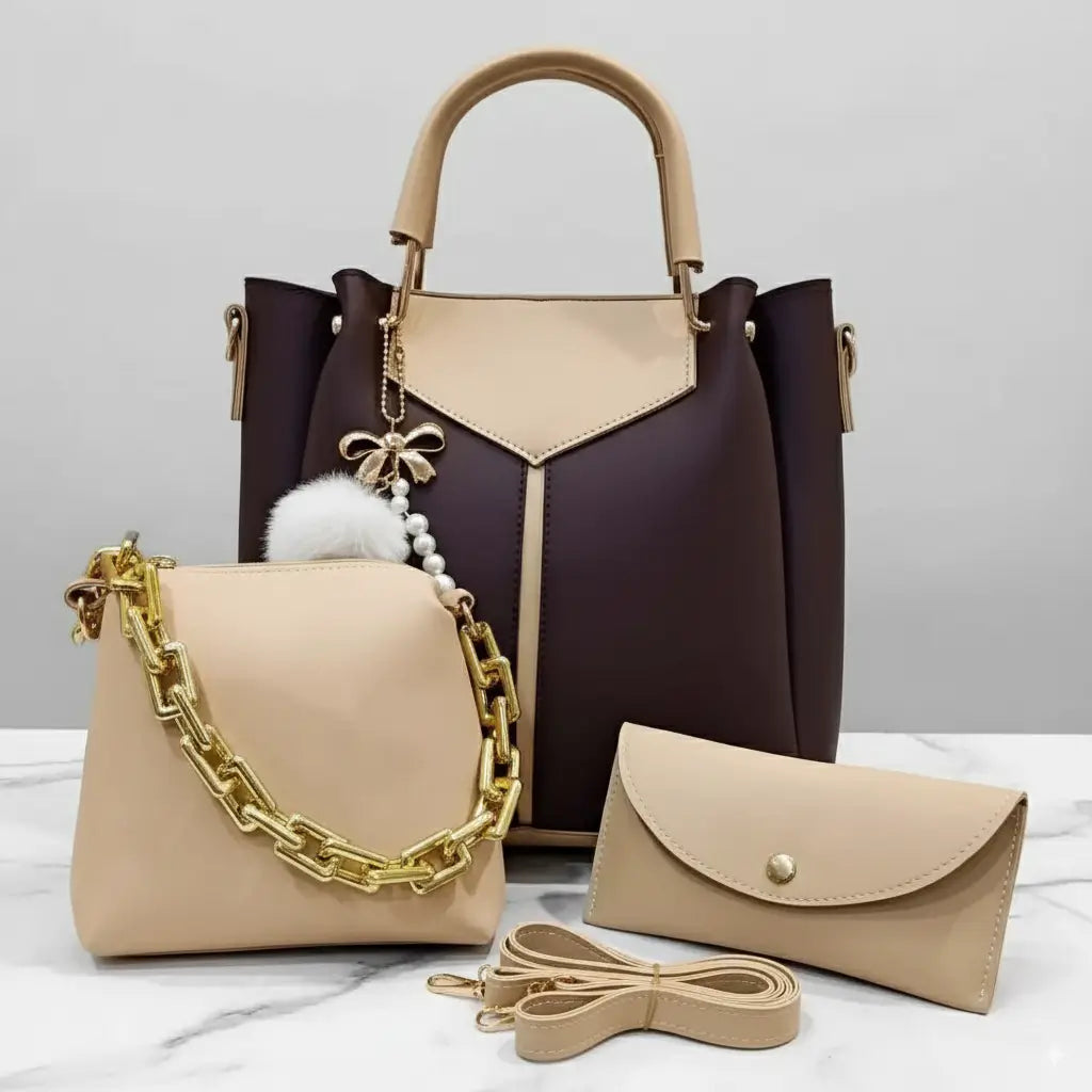 Glint 3PCS Coffee Fone – chic handbag and shoulder bag set for girls in Pakistan