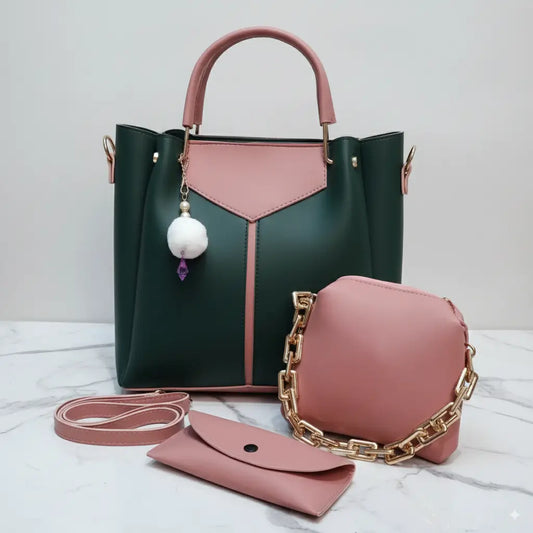 Glint 3PCS Green Pink – trendy handbag and shoulder bag set for girls in Pakistan