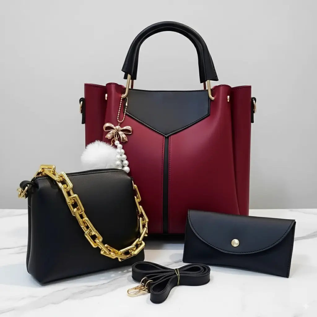 Glint 3PCS Maroon Black – fashionable handbag and shoulder bag set for girls in Pakistan