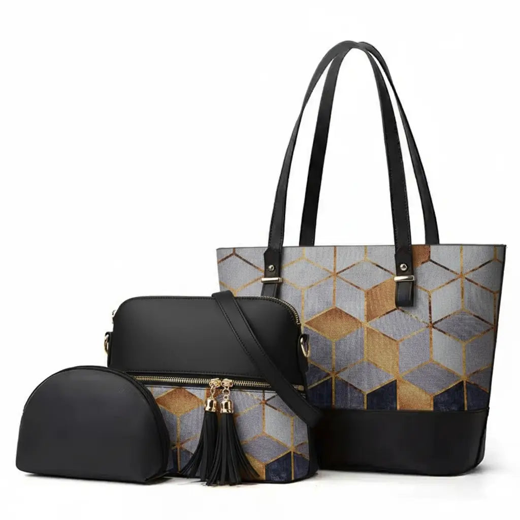 Bnova grey hexa gold 3pcs handbag set stylish daily use bags
