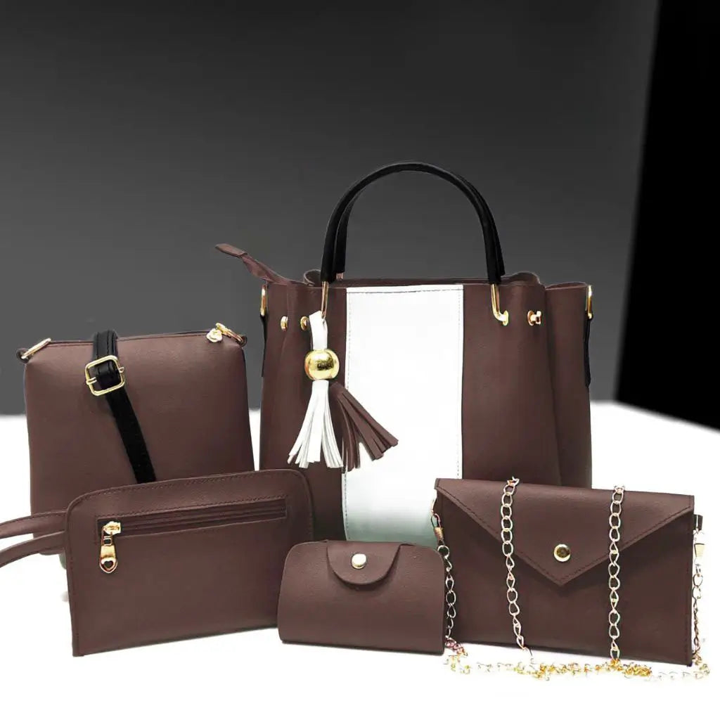 Jimmy 5PCS Brown White – premium handbag and shoulder bag set for women in Pakistan