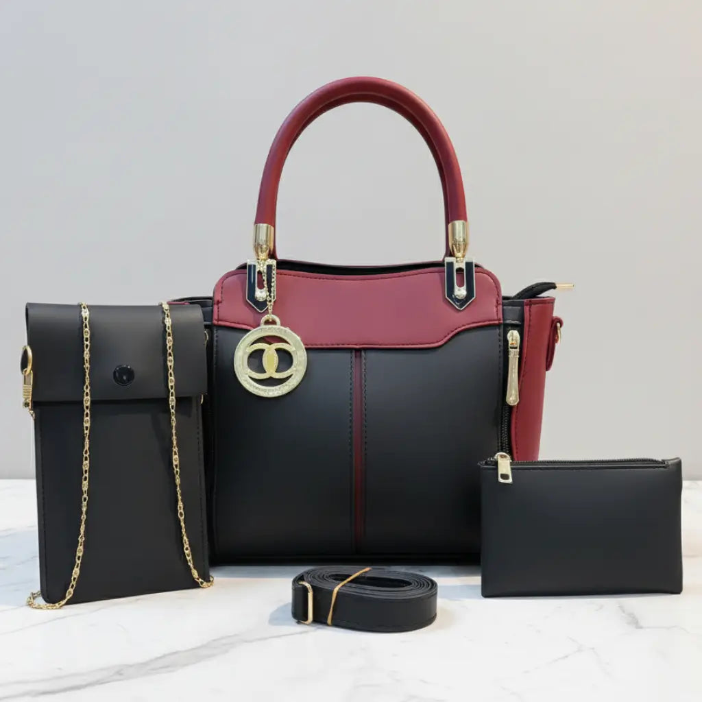 Liva 3PCS Black Maroon – elegant multi-compartment handbag and shoulder bag set for girls in Pakistan