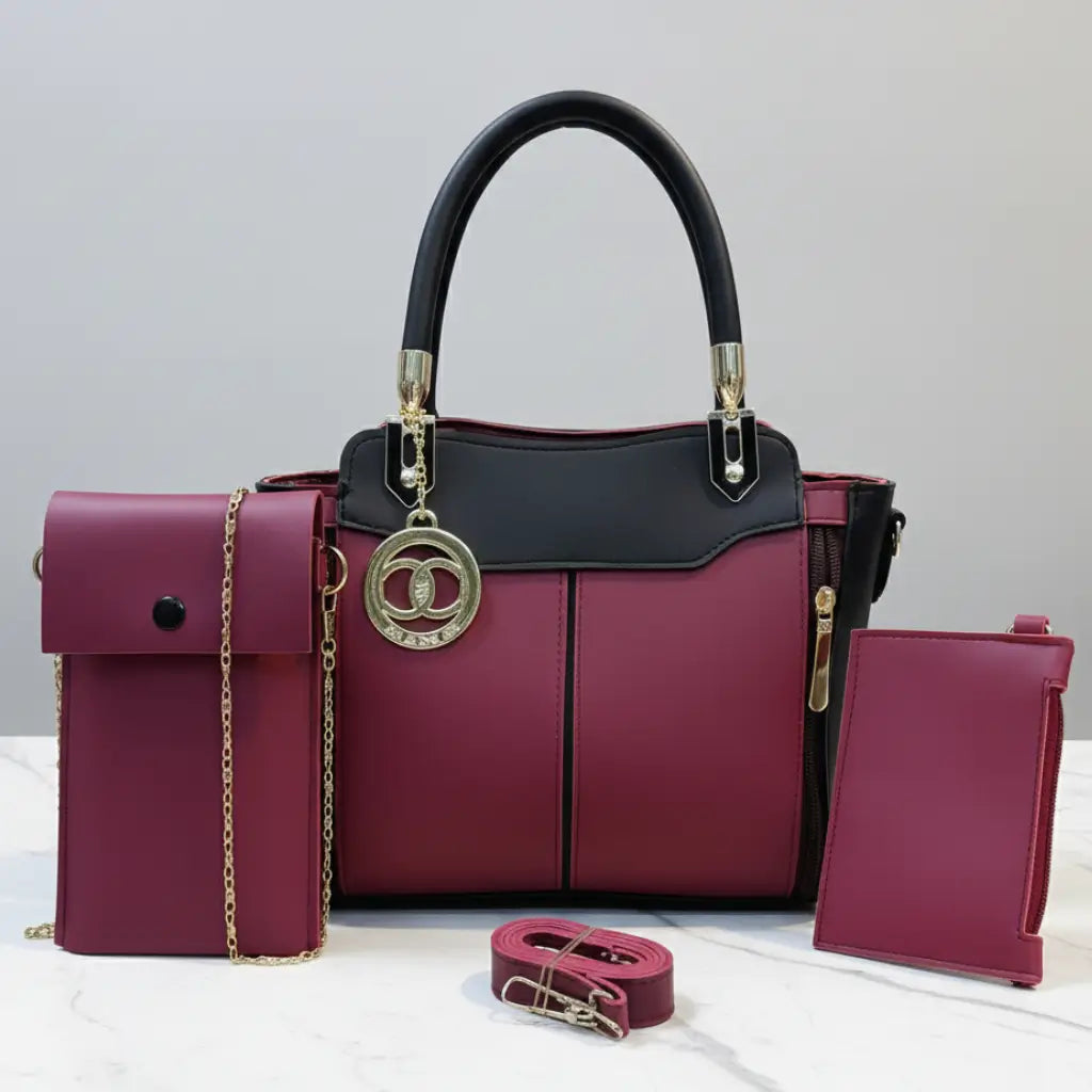 Liva 3PCS Maroon Black – trendy multi-compartment handbag and shoulder bag set for girls in Pakistan