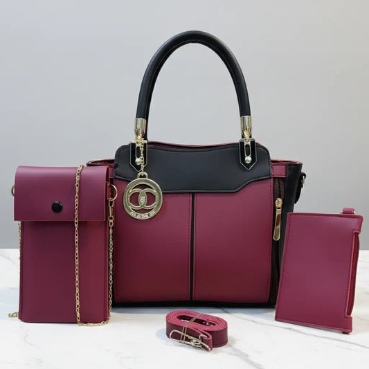 Liva 3PCS Maroon Black – trendy multi-compartment handbag and shoulder bag set for girls in Pakistan